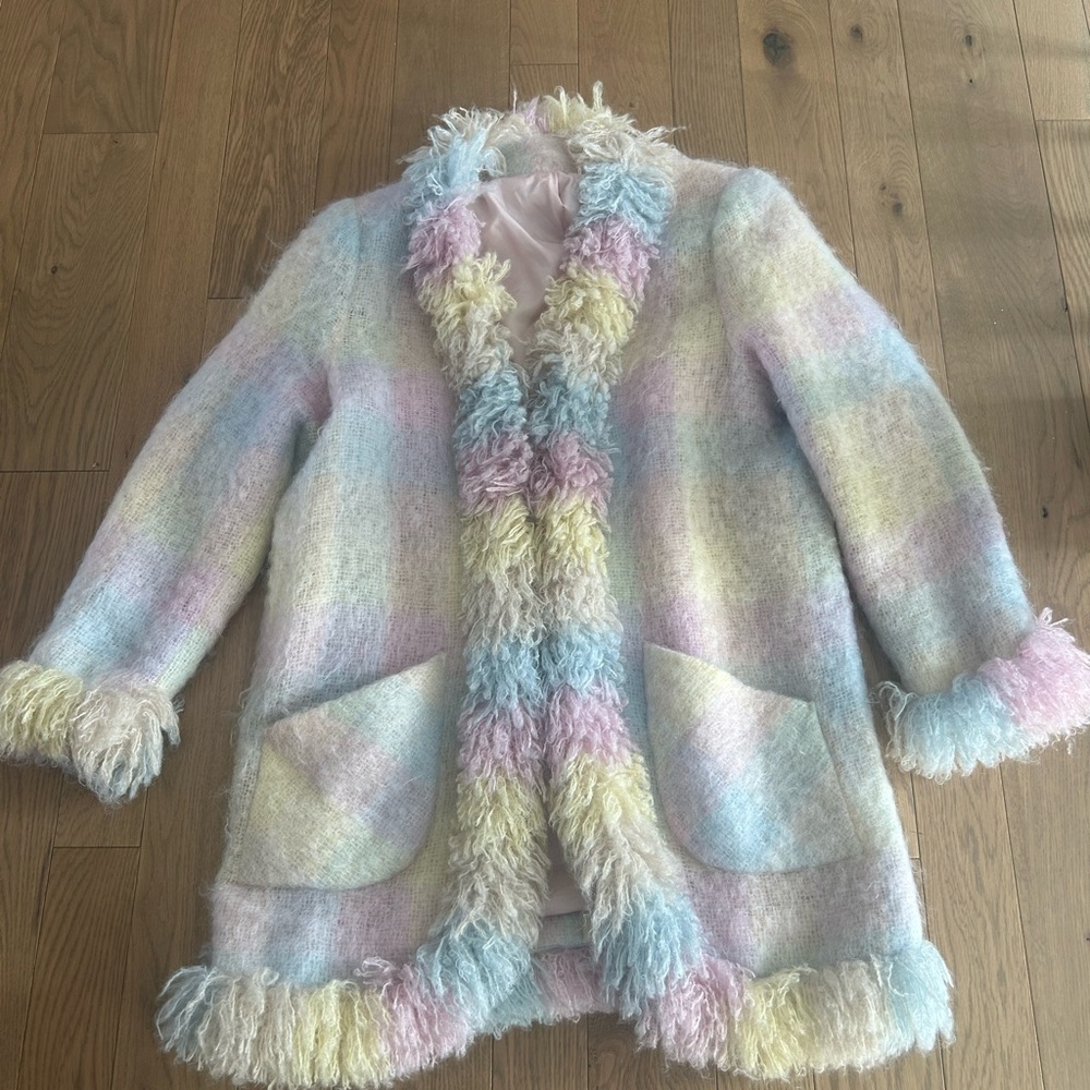 Gorgeous DONEGAL DESIGN Ireland size M / L Mohair Fringe Coat Jacket Pastel